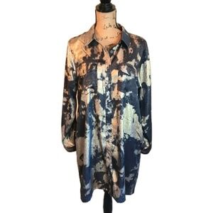 NWT JODIFL Navy Gold Button Up Shirt Dress Tunic Long Sleeve Size L Metallic